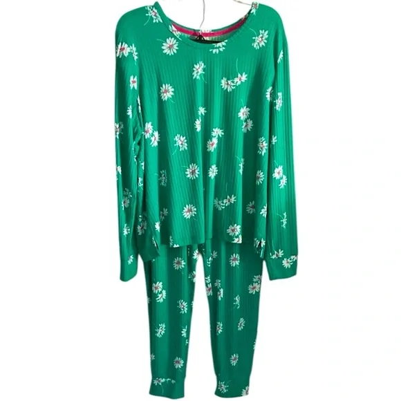 Joyspun Women’s Green Daisy Long Sleeve Pajama Lounge Set Size XL Cozy Comfy - Picture 1 of 4